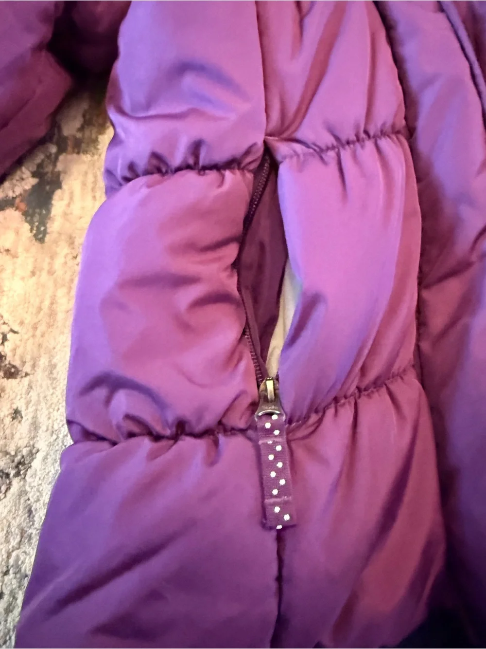 Kids Purple Puffer Jacket with Hood and Navy Fleece Lining